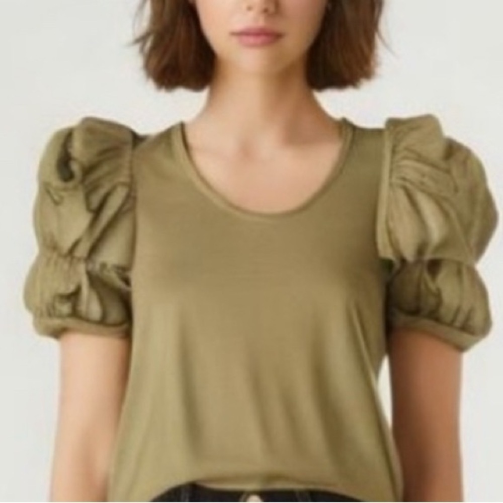New Trish Scully 100% Cotton Olive Marie Puff Sleeve Top Spring coquette girl